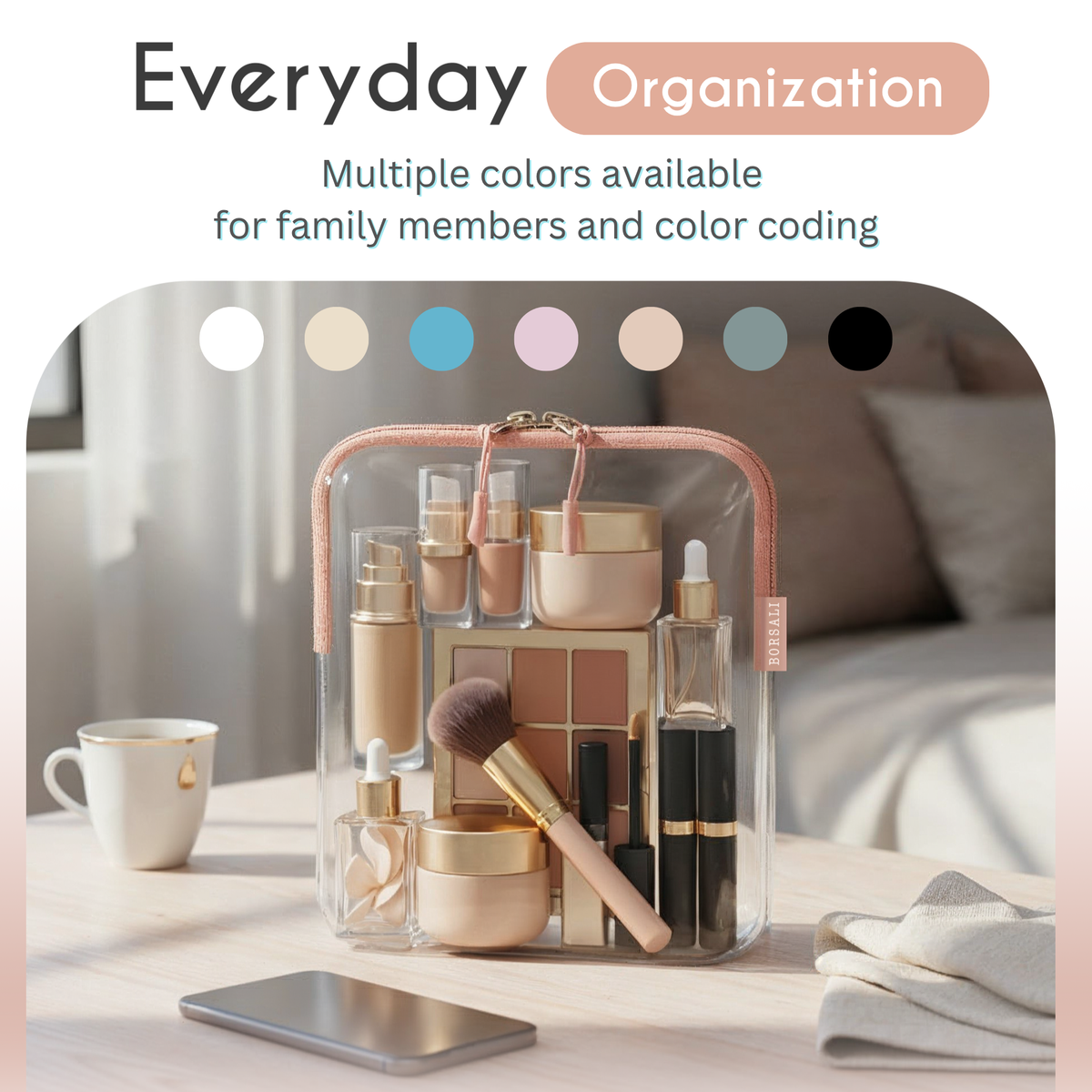 organized cosmetics inside clear quart size bag