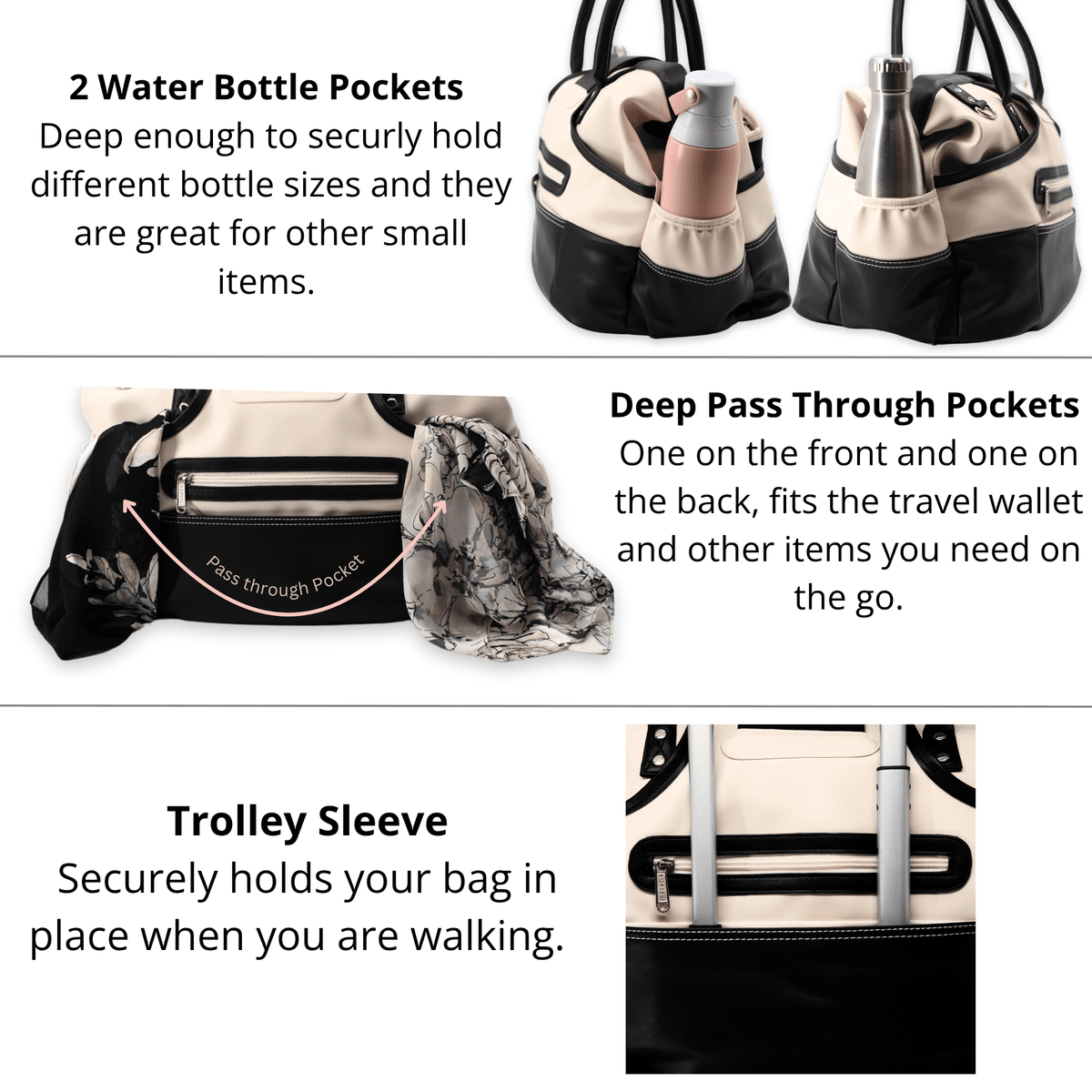 Pocket features of duffel bag for women