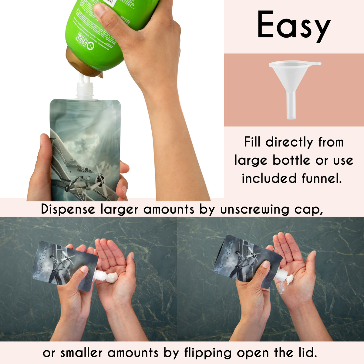 hands showing how to fill and dispense products from flat travel bottles