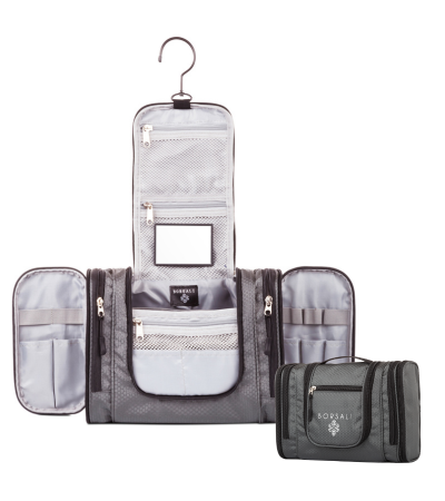 open gray hanging toiletery bag showing inside pockets