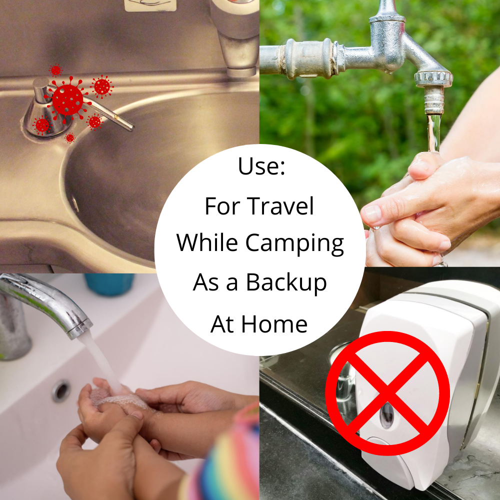 4 sceness in graphic showing dirty public restroom sink, outdoor water faucet and mom helping child wash hands