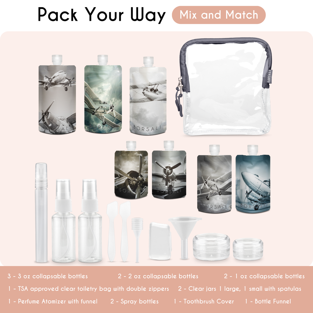 flat travel toiletry bottle set shown with tssa bag and accessories