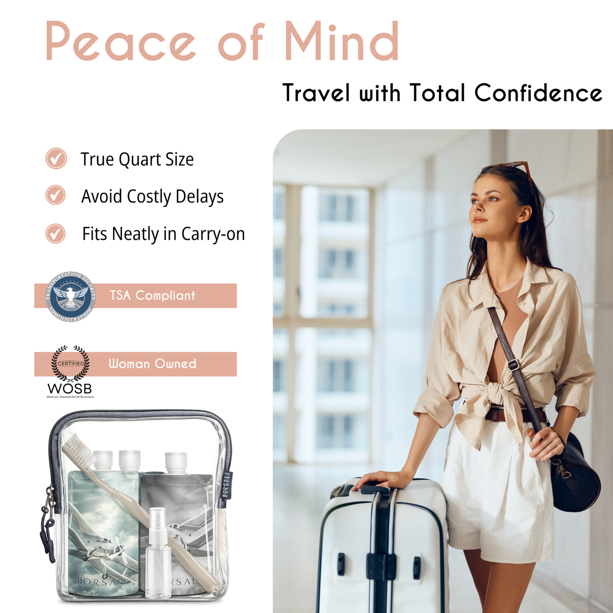 calm woman in airport showing flat travel bottle set