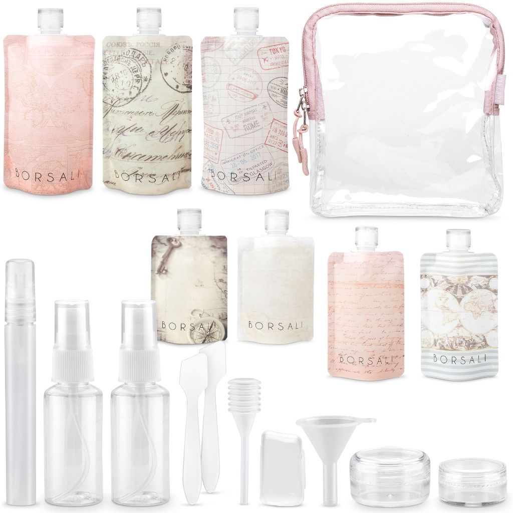 Flat travel size bottles in pastel colors with a TSA-approved clear cosmetic bag and various applicators and containers.