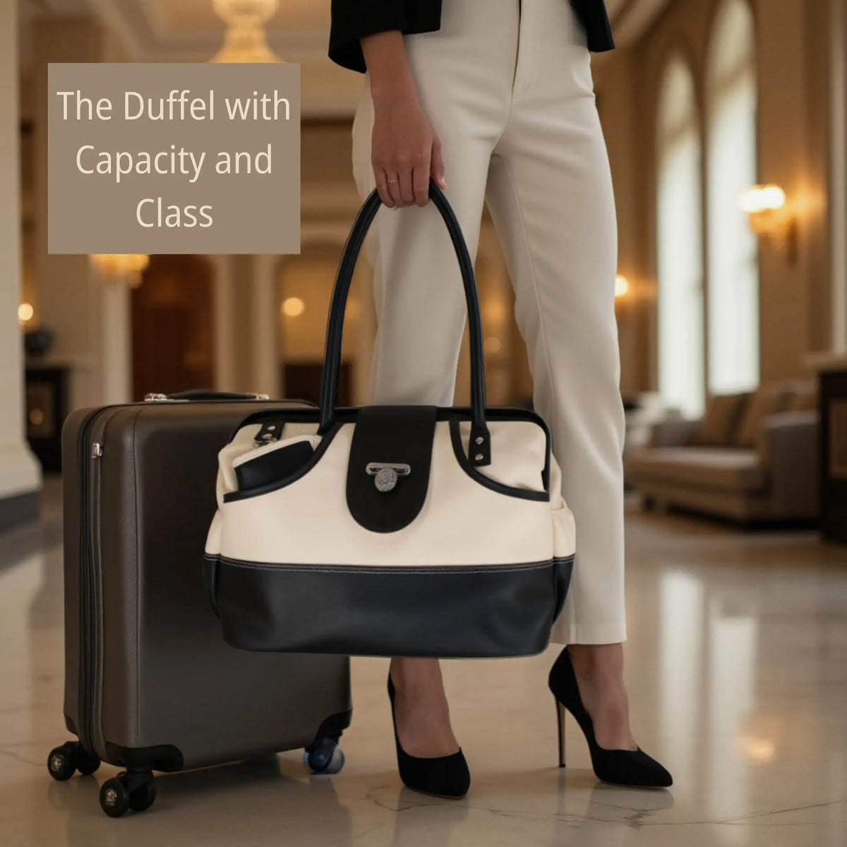 Woman holding a duffel bag in hotel lobby.