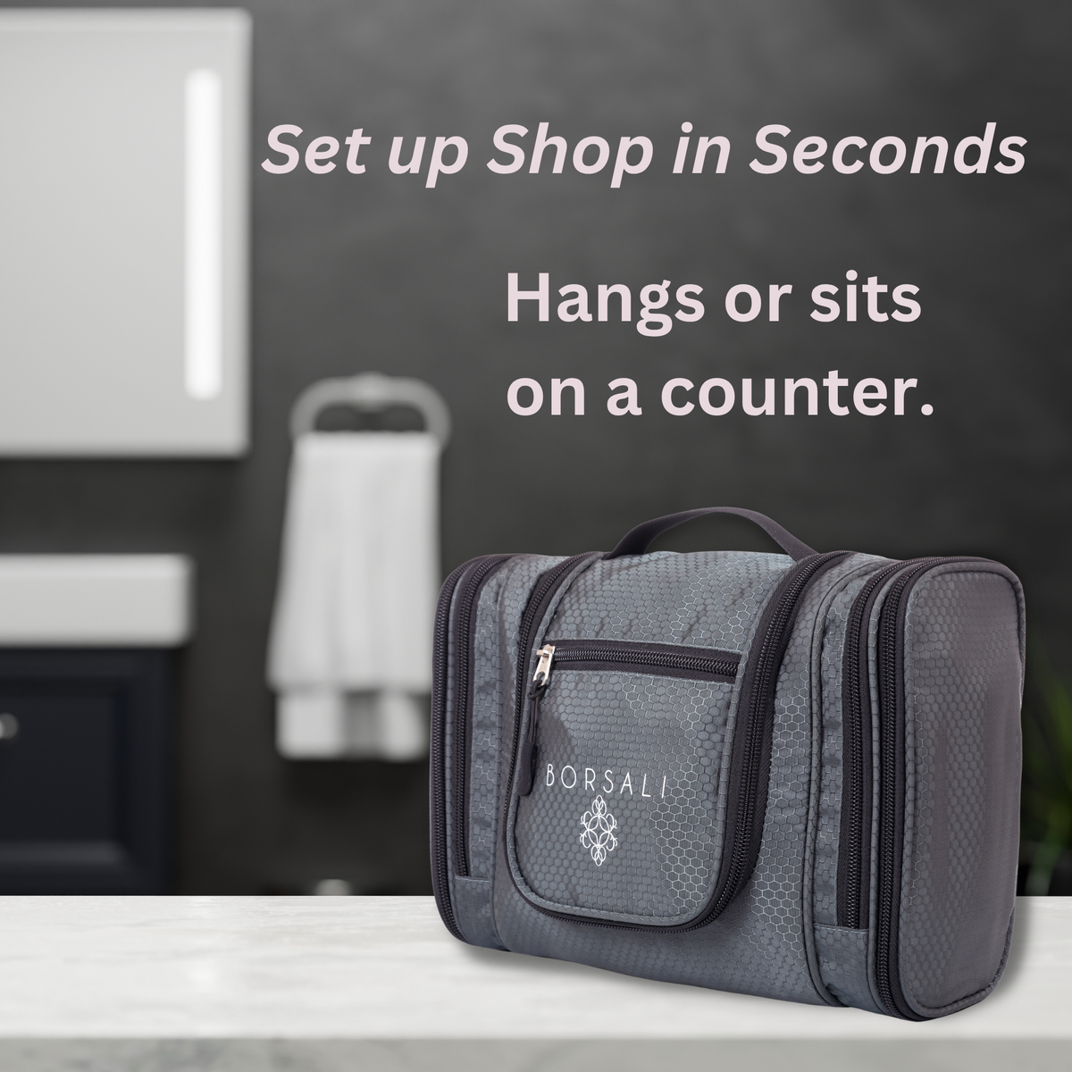hanging toiletry bag closed an siting on a counter