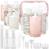 Travel Size Bottles for 3-1-1 Toiletries with TSA Approved Cosmetic Toiletry Bag - Reusable 3 oz, Light Weight, 18 Piece Set for Shampoo, Conditioner Plus Empty Mini Atomizer & More - Rose Zipper