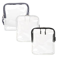 Clear quart size TSA bags in three colors with zippered closures, featuring transparent material and colored trim. 3 pack