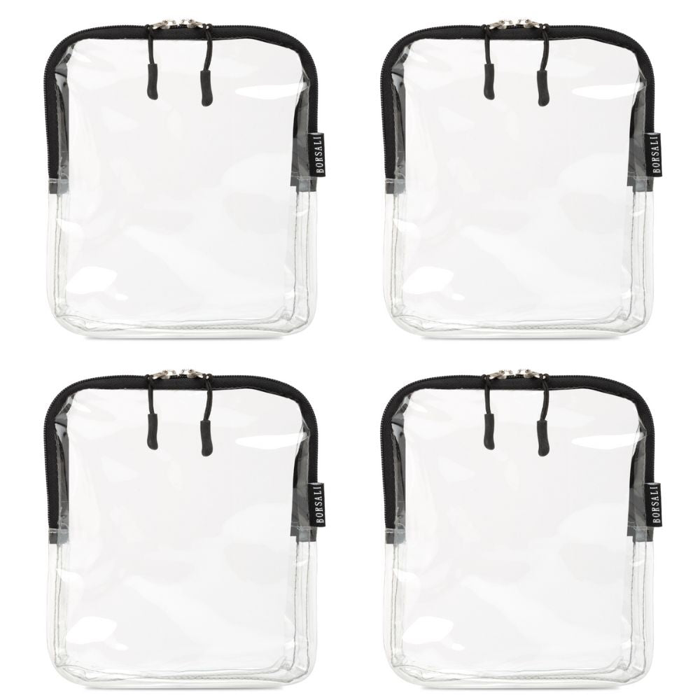 Clear quart size TSA bag with a transparent design and black zipper, suitable for travel and security compliance.