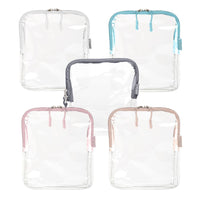 Clear quart size TSA bags in five colors: gray, pink, blue, and beige, featuring transparent design and zip closures. 5 pack