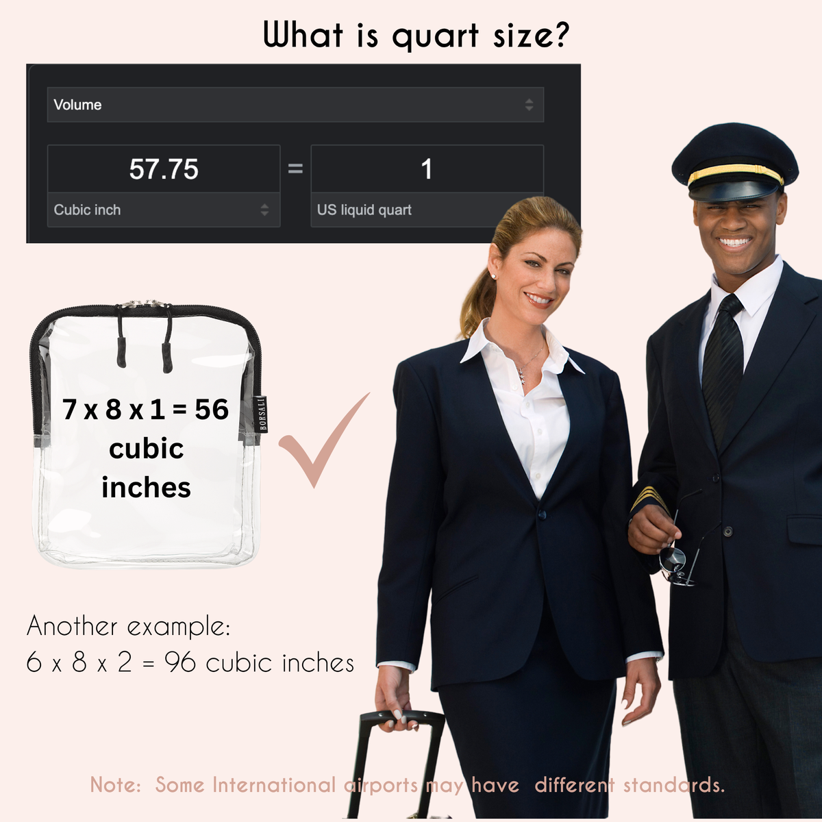 pilot and flight attendant with graphic of acceptable measurements for tsa compliant bag
