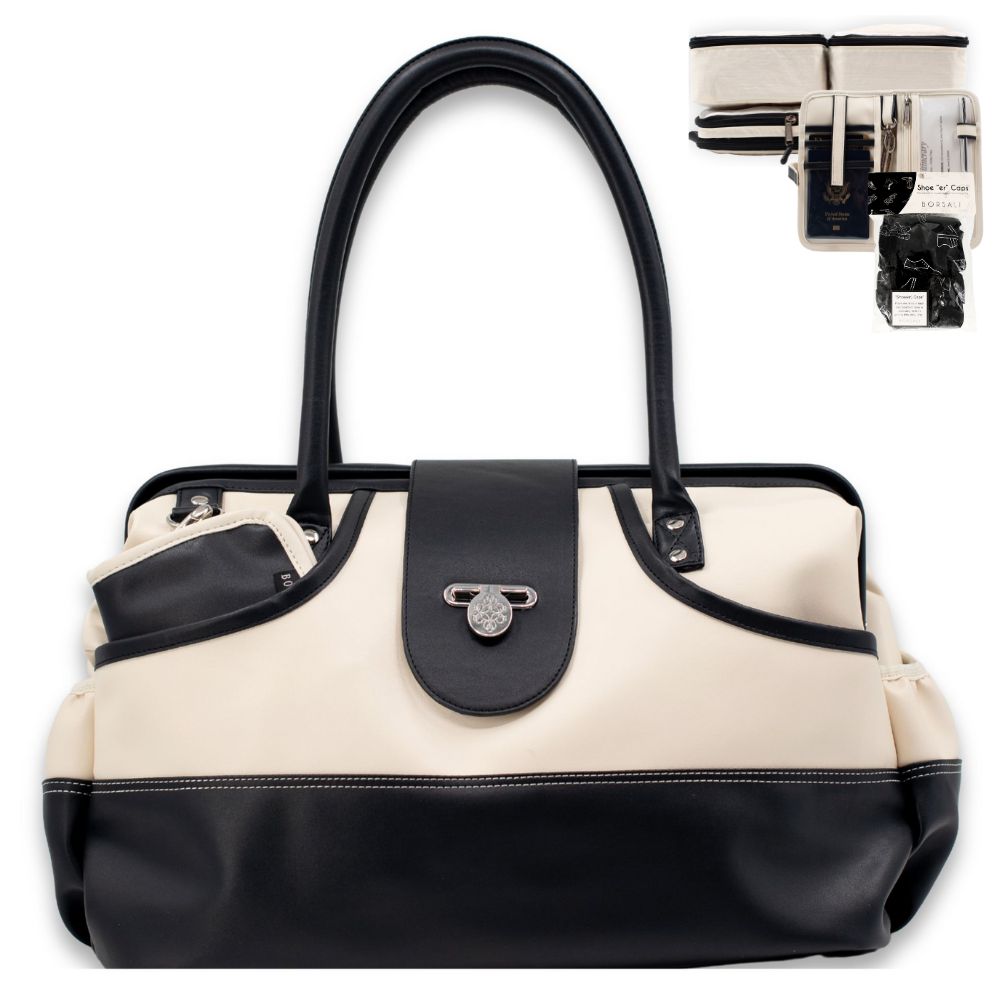 Weekender duffel bag in cream and black, featuring packing cubes, a travel wallet, and shoe covers.