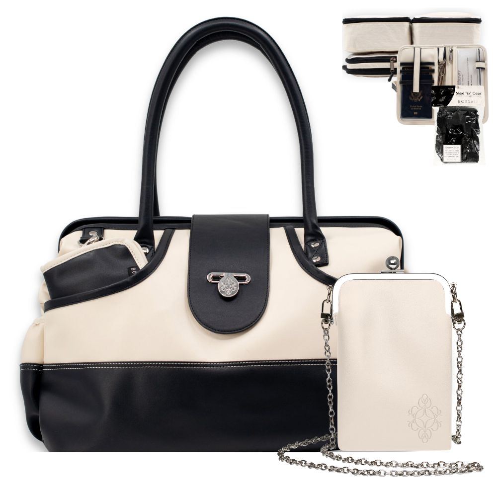 Weekender duffel bag in cream and black with packing cubes, travel wallet, and shoe covers displayed together.