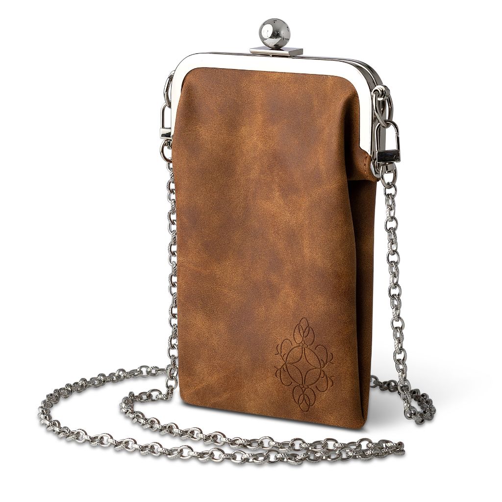 Brown eyeglass case and phone crossbody bag with a silver chain strap and decorative embossed design.