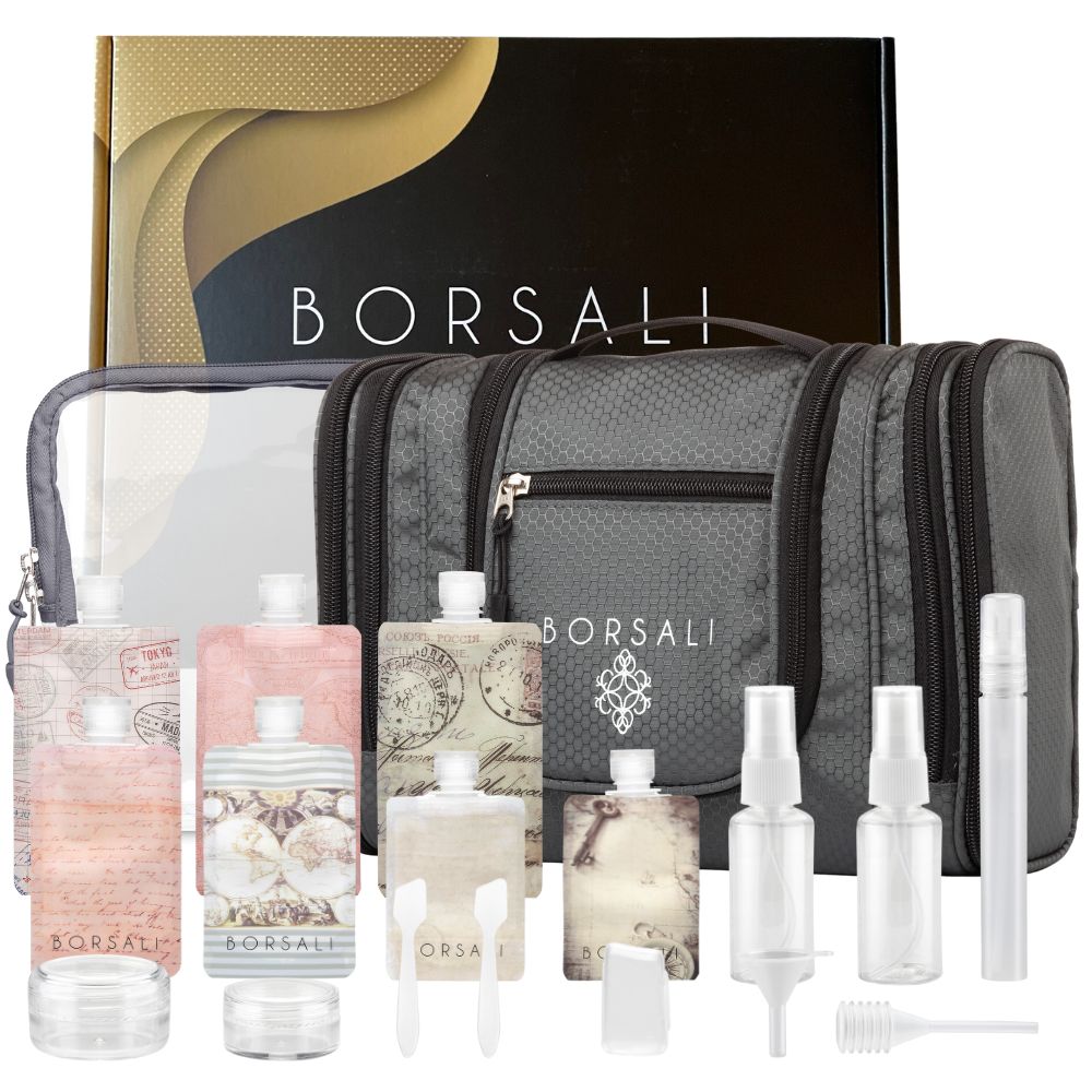 Complete 20 piece Toiletry Bag and Bottles Set | Borsali
