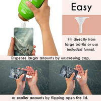 hands showing how to fill and dispense products from flat travel bottles