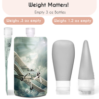 flat travel bottles shown next to silicone bottles for size and weight comparison