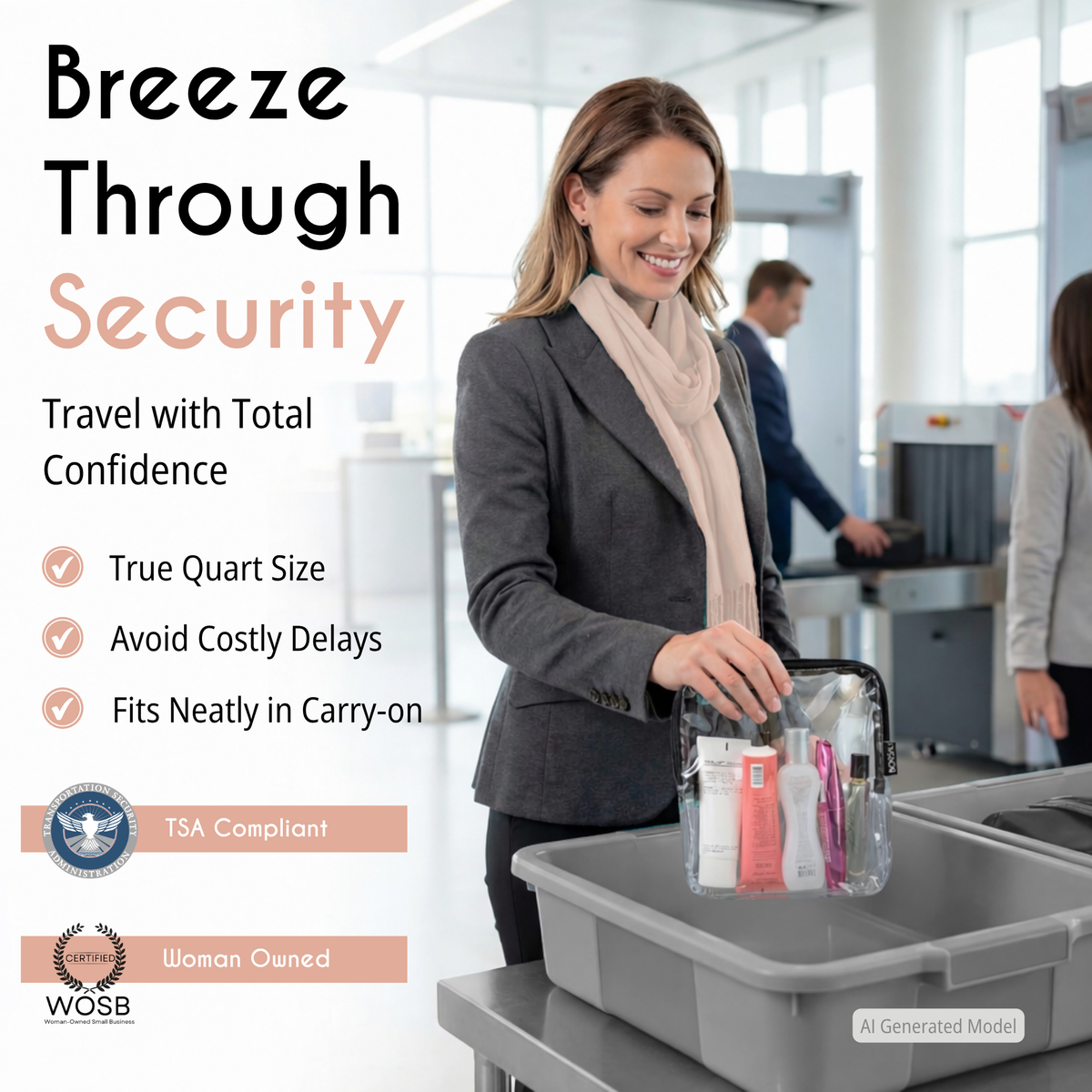 smailing woman placing clear 3-1-1 bag into tsa bin at airport