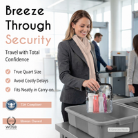 smailing woman placing clear 3-1-1 bag into tsa bin at airport