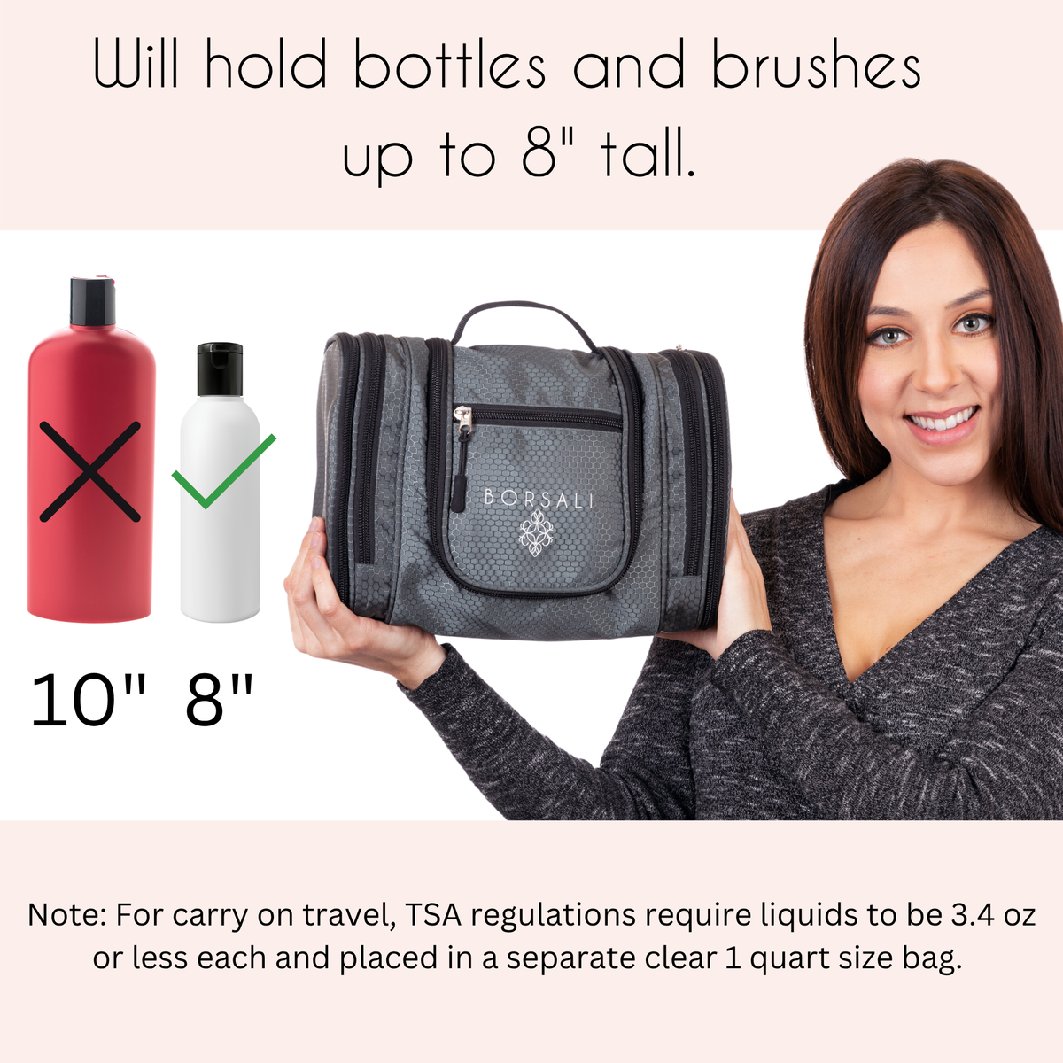 woman demonstrating size of toiletry bag next to different size shampoo bottles