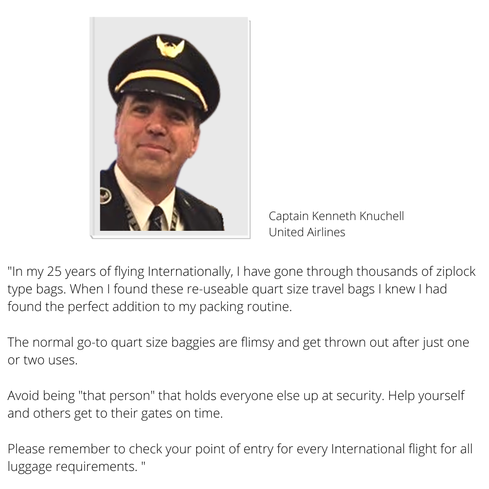 A text-based promotional graphic featuring a portrait of Captain Kenneth Knuchell from United Airlines next to a long quote about reusable quart size travel bags.
