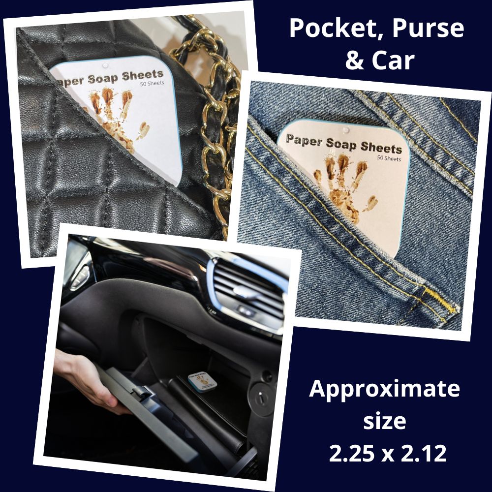 paper soap flat tin container shown in a purse, jeans pocket and glove compartment of car