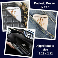 paper soap flat tin container shown in a purse, jeans pocket and glove compartment of car