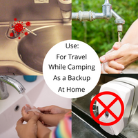 4 sceness in graphic showing dirty public restroom sink, outdoor water faucet and mom helping child wash hands