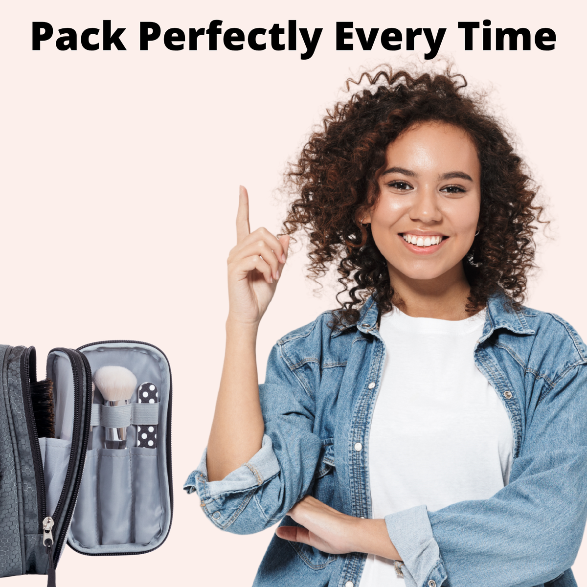 smiling woman showing pack perfectly with part of  toiletry bag open