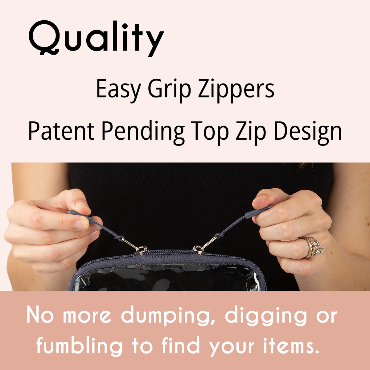 woman holding double zippers up at top of bag demonstraing ease of use. 