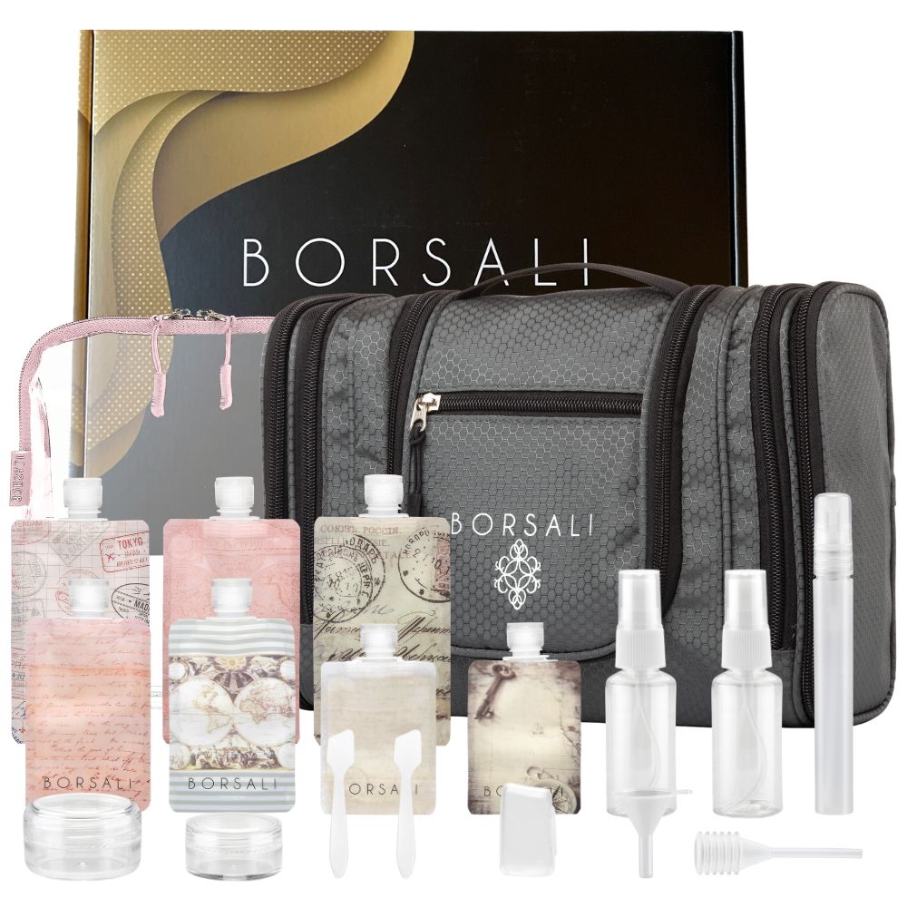 Complete 20 piece Toiletry Bag and Bottles Set | Borsali