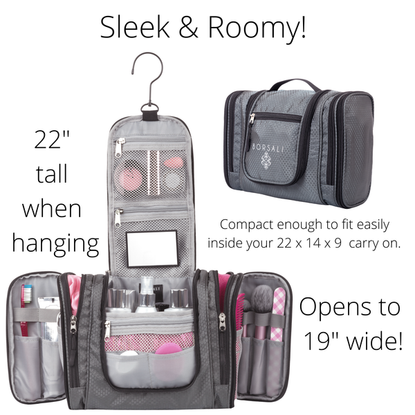 open and closed hanging toiletry bag showing dimensions