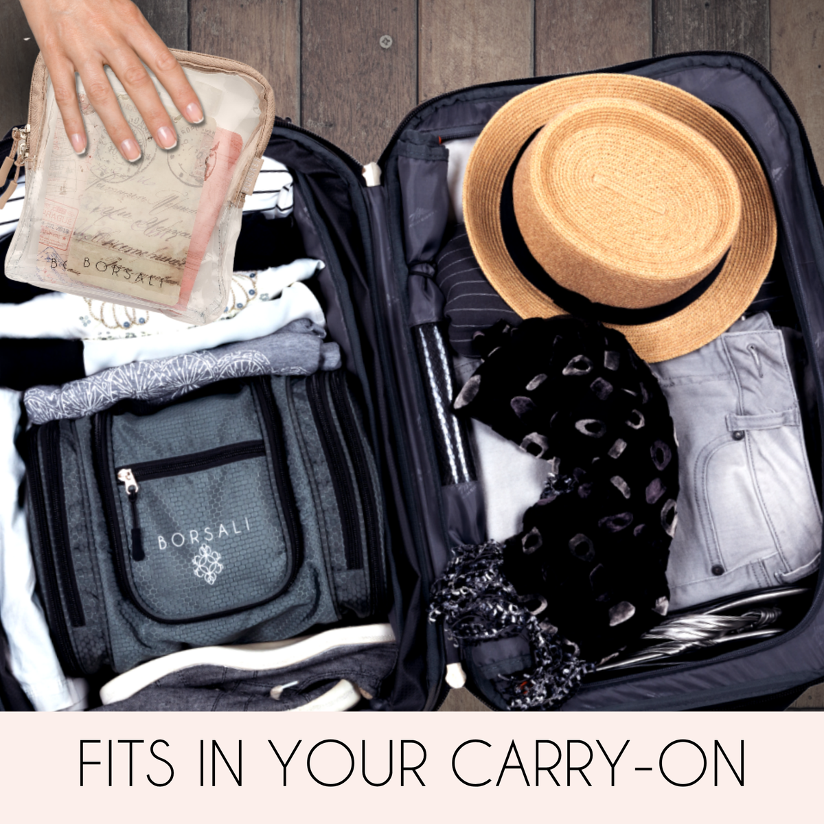 image of open luggage with clothes and toiletry bag packed, woman's hand placing flat toiletry bottles on top. 