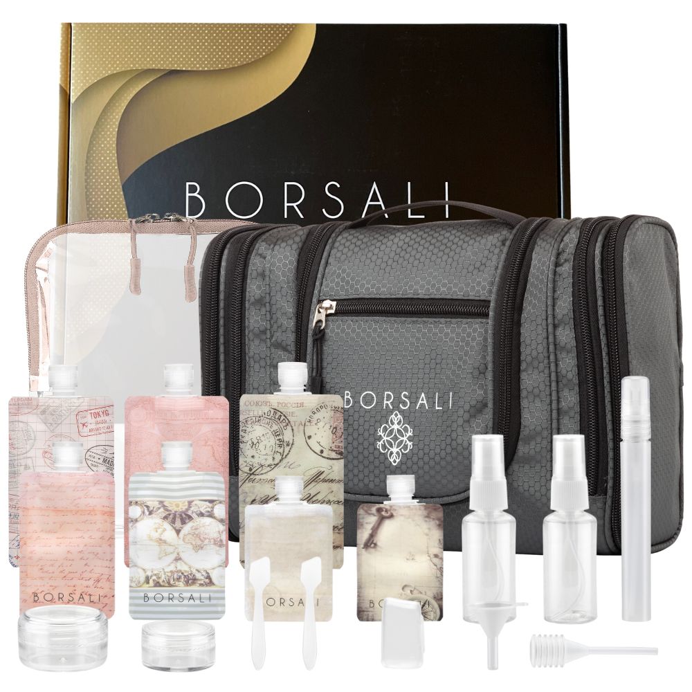 Complete 20 piece Toiletry Bag and Bottles Set | Borsali