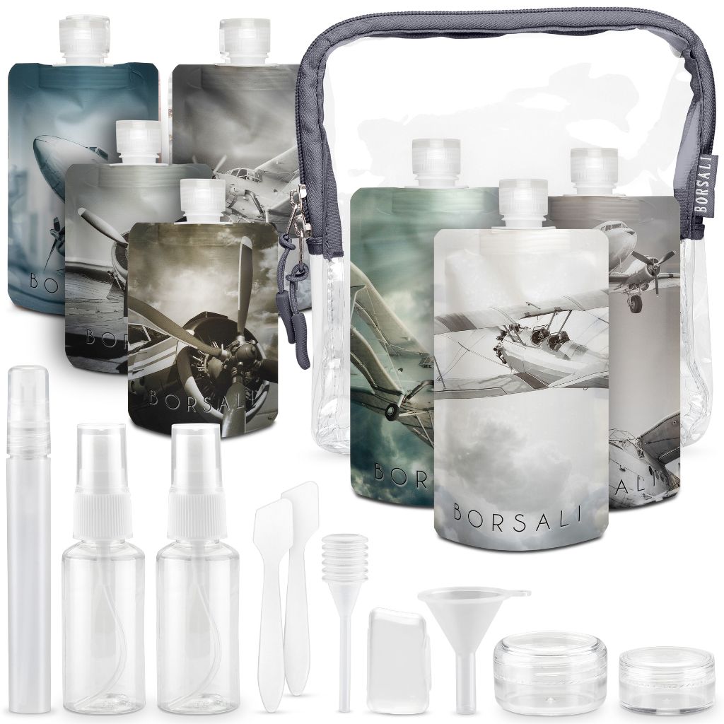 Flat travel size bottles in a clear TSA-approved cosmetic bag, featuring various designs and included funnels and spray tops.