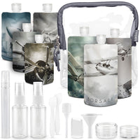 Flat travel size bottles in a clear TSA-approved cosmetic bag, featuring various designs and included funnels and spray tops.