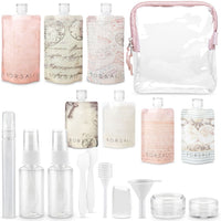Flat travel size bottles in pastel colors with a TSA-approved clear cosmetic bag and various applicators and containers.