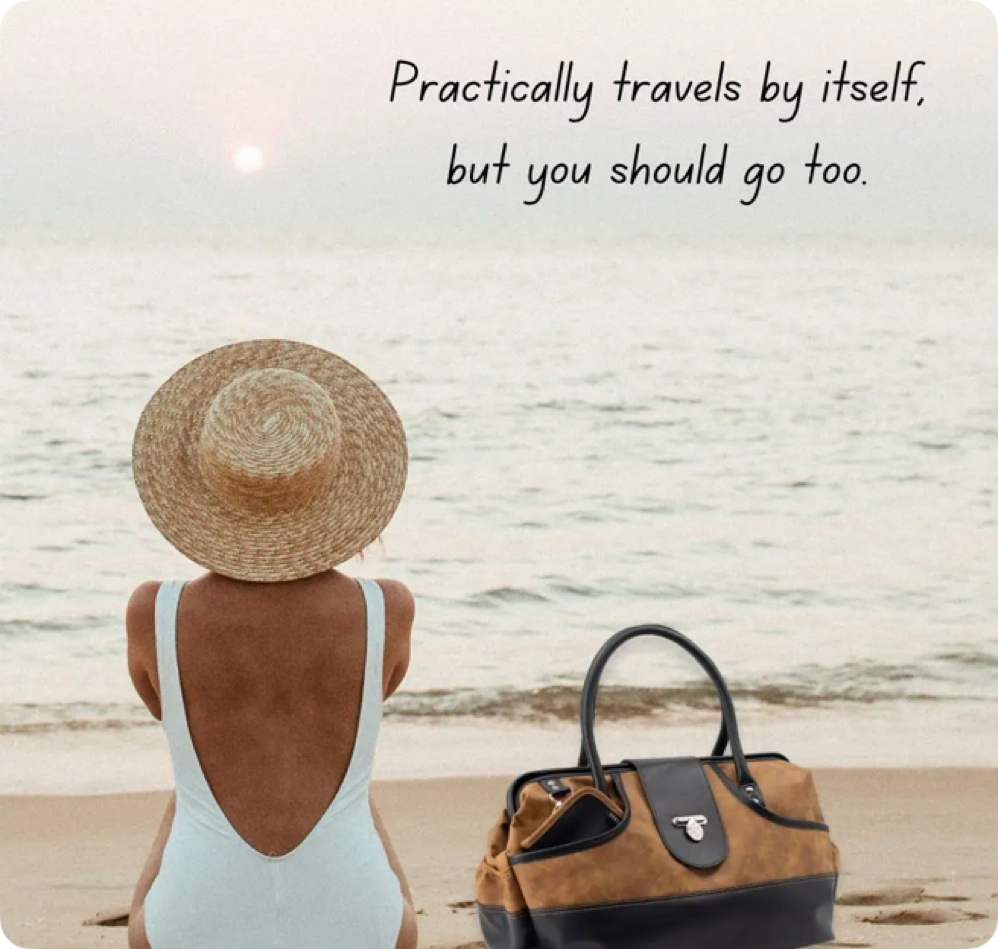 woman sitting on beach with brown travel duffel 