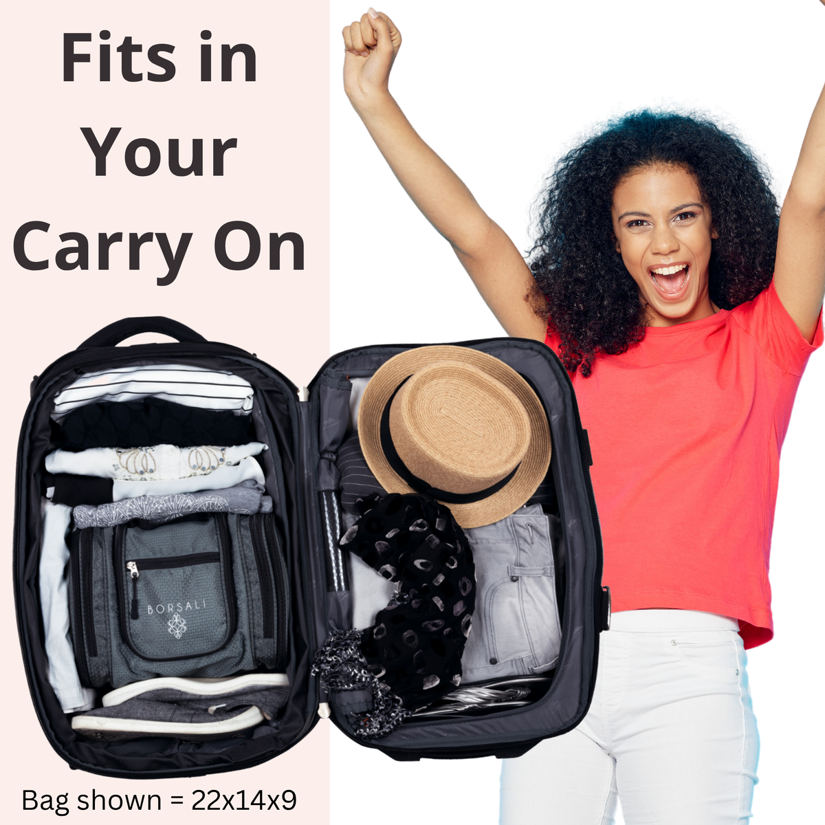 view of open carry on suitcase with toiletry bag inside to show scale. 