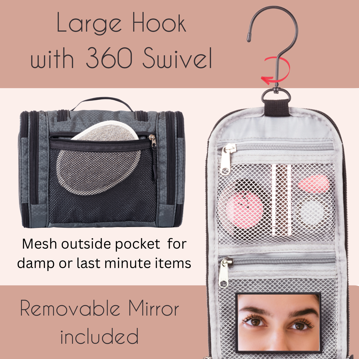 hanging toiletry bag showing enlarged swivel hook and mesh pockets