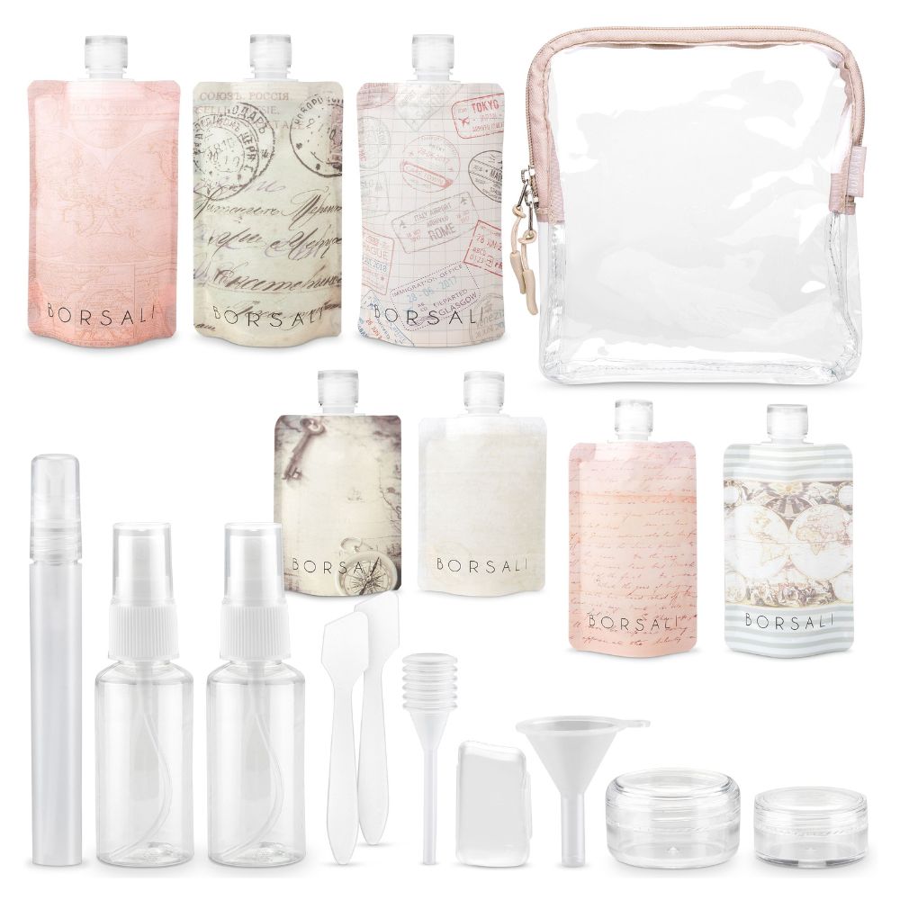 Flat travel size bottles in various pastel designs with a clear TSA-approved cosmetic bag and additional accessories.