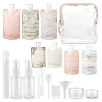 Flat travel size bottles in various pastel designs with a clear TSA-approved cosmetic bag and additional accessories.