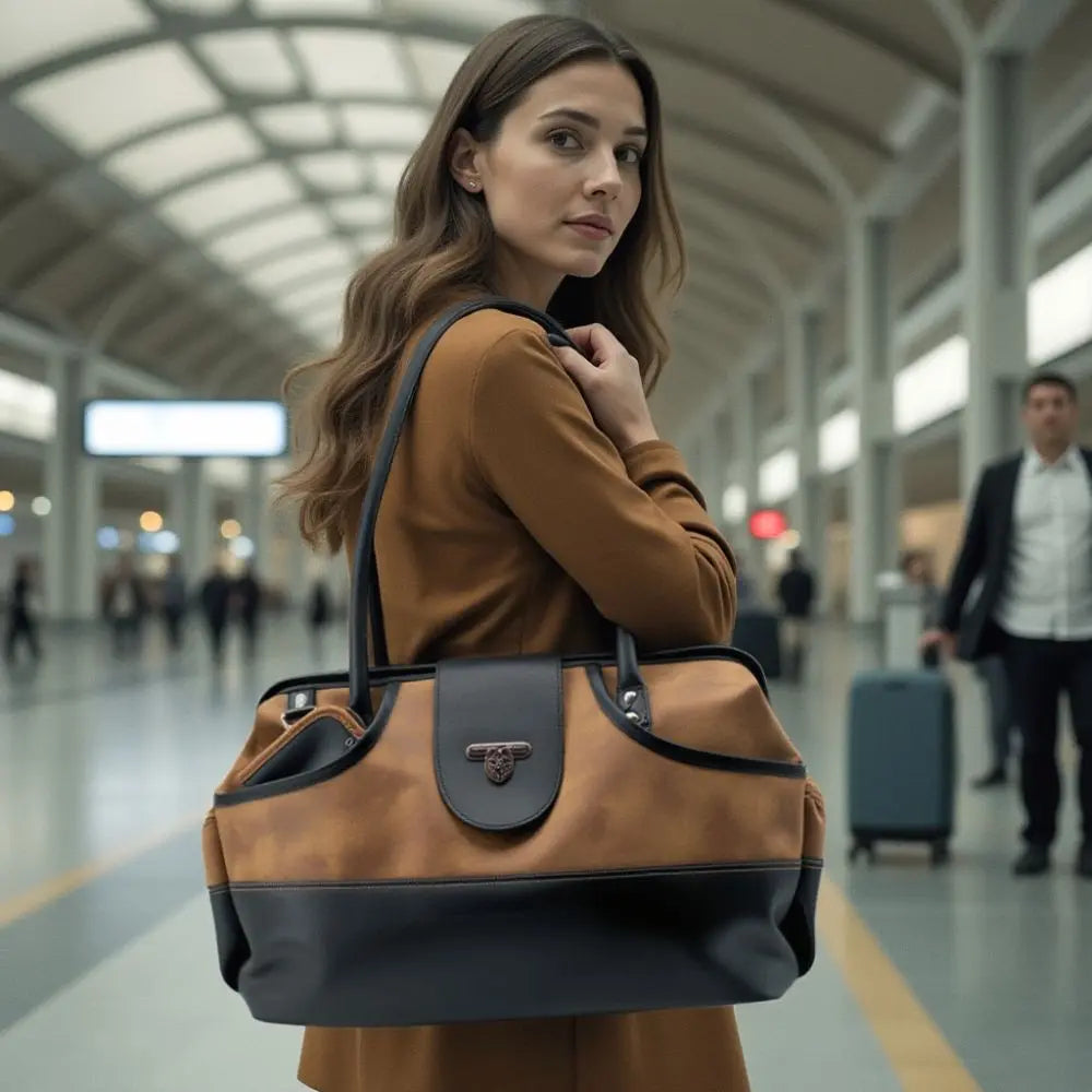 Woman holding brown duffel bag in airport