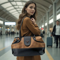 Woman holding brown duffel bag in airport