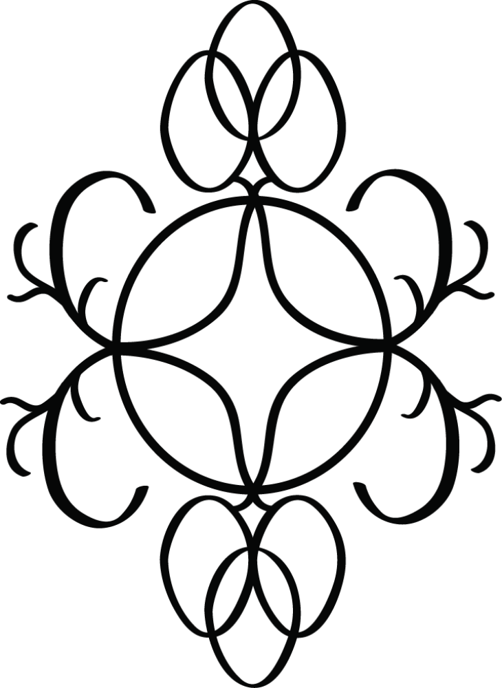 Black ornamental scrollwork design on a white background, featuring symmetrical curved lines and leaf-like flourishes.