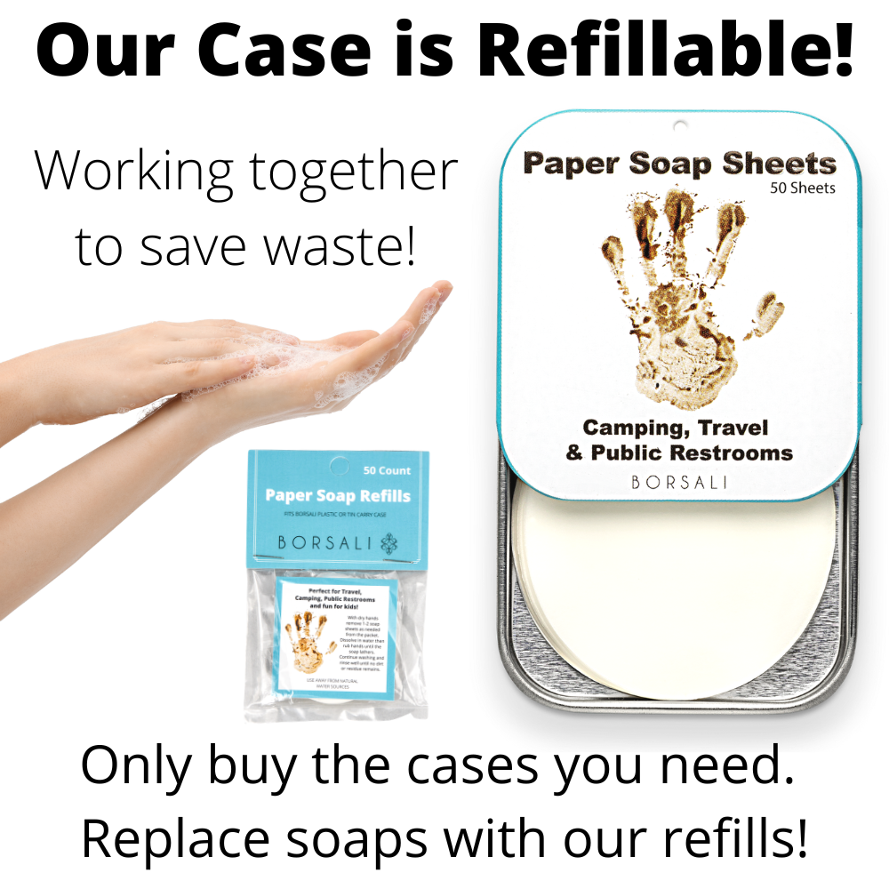 Paper soap sheets being used in woman's hands showing suds and soap packaging