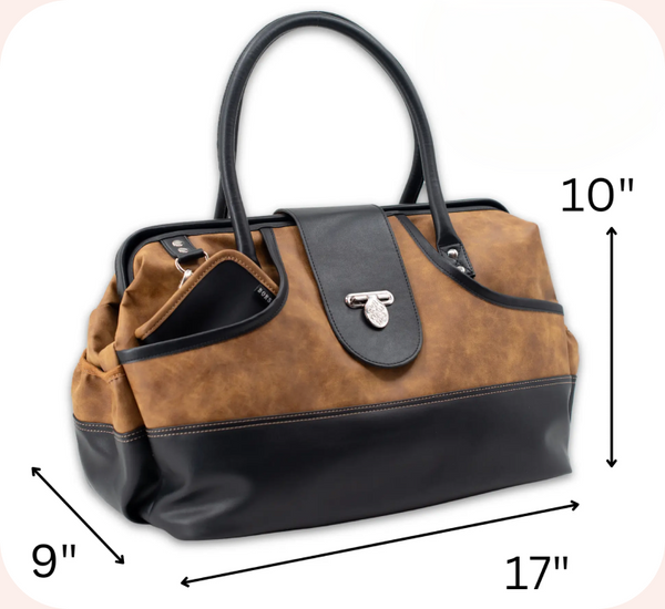 A brown and black tote bag with dimension arrows and labels showing 17 inches wide, 10 inches tall, and 9 inches deep on a white background.