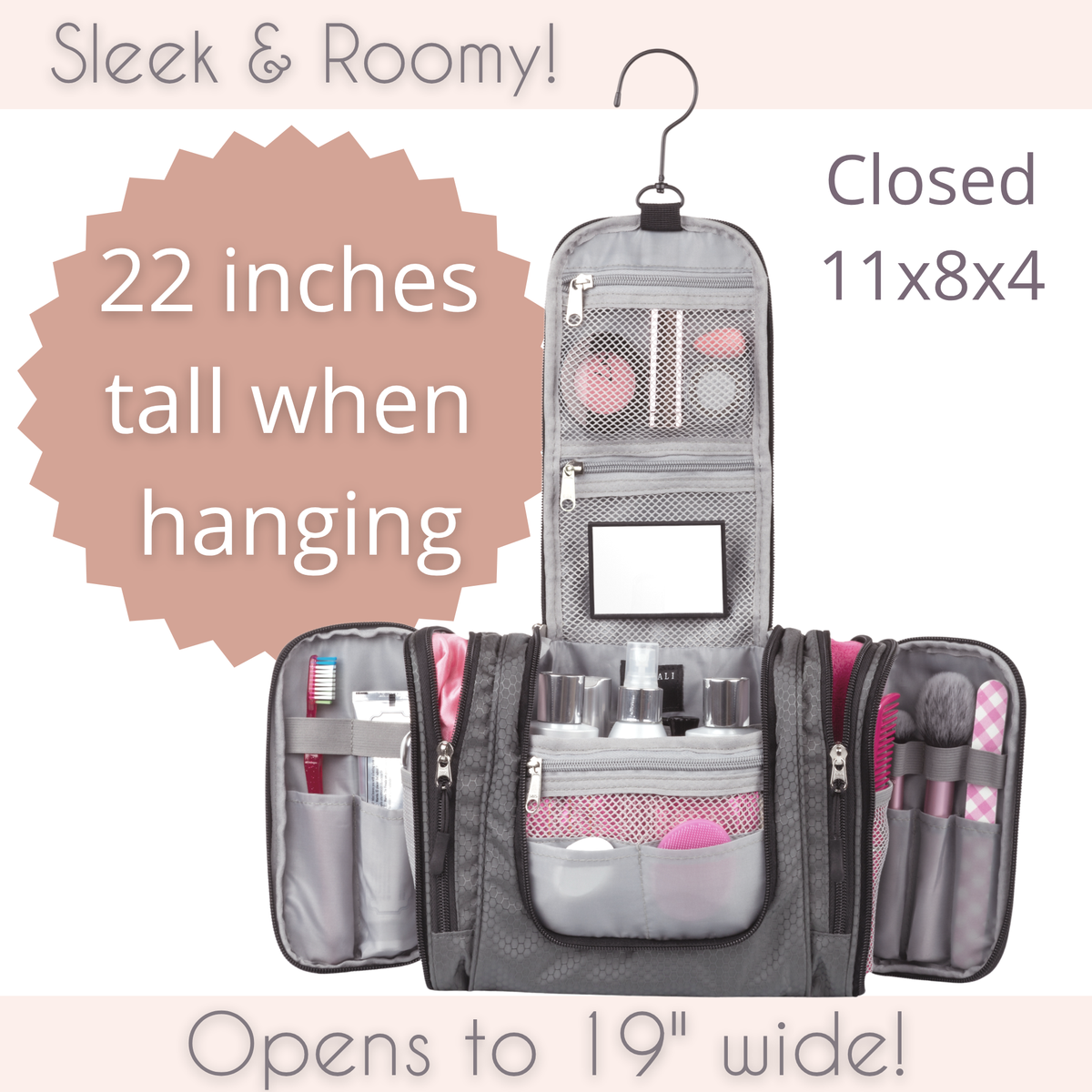 hanging toiletry bag shown full of women's cosmetics and toiletries
