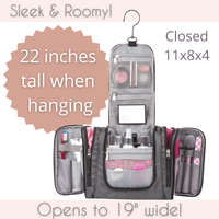 hanging toiletry bag shown full of women's cosmetics and toiletries