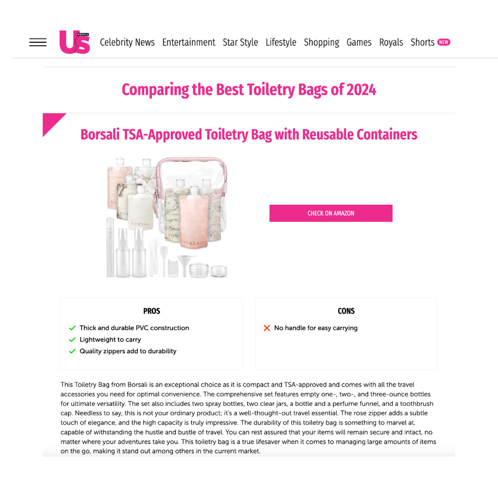 A webpage screenshot showing a product listing for a Borsali TSA-approved toiletry bag. The page features a product image with three clear bottles and pink reusable containers, accompanied by text comparing it to other toilette bags of 2024.